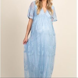 Light blue lace mesh overlay maternity maxi dress